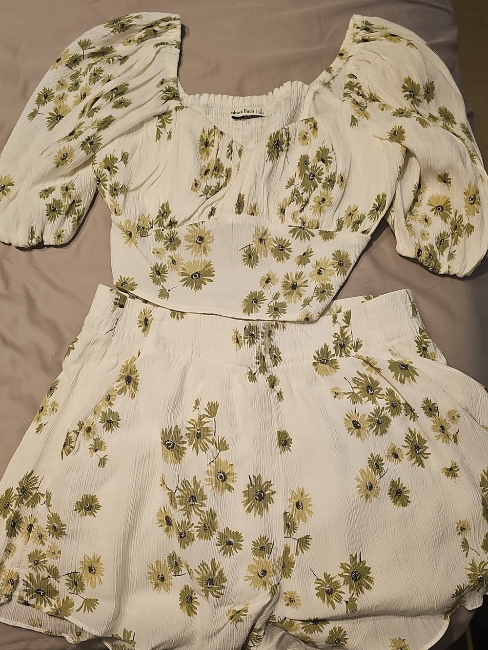 Abercrombie & Fitch Cream Floral Smocked Crop Top And Shorts